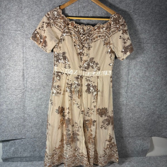 Beaded Sequin Cap Sleeve Square Neck Party Dress Beige M - Picture 2 of 3